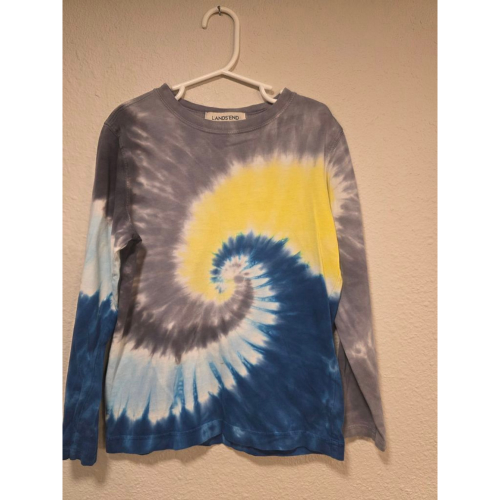 Kids Lands' End Long Sleeve Tie-Dye Tee S (8) Gray Blue Yellow